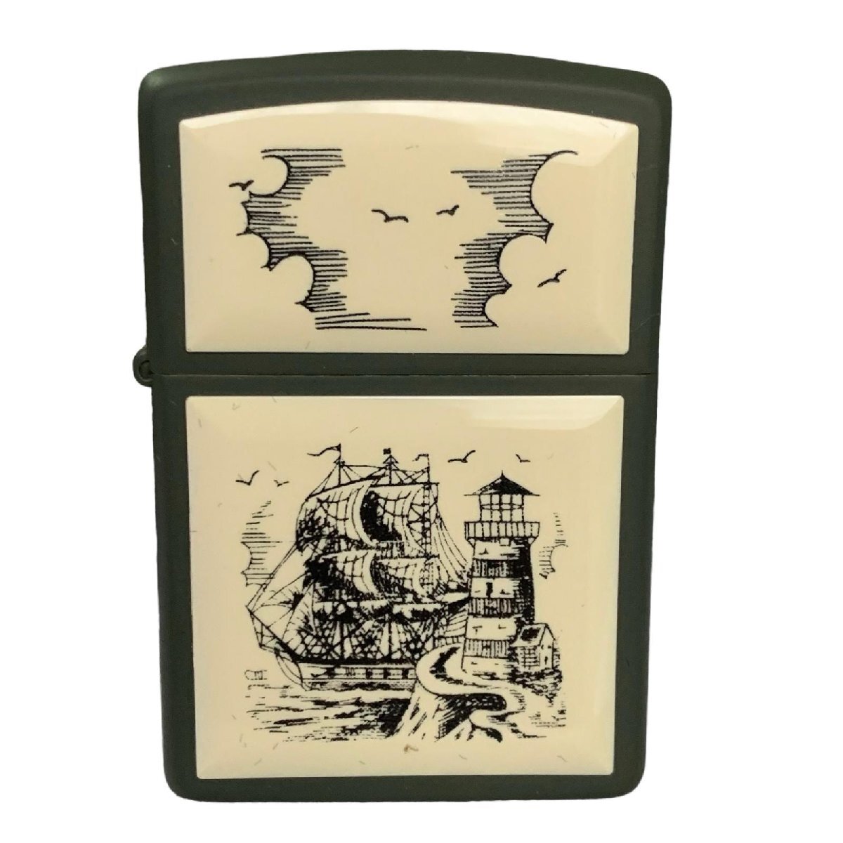 未使用 ZIPPO ジッポー SCRIMSHAW SHIP スクリムショー 帆船 カーキ_画像2