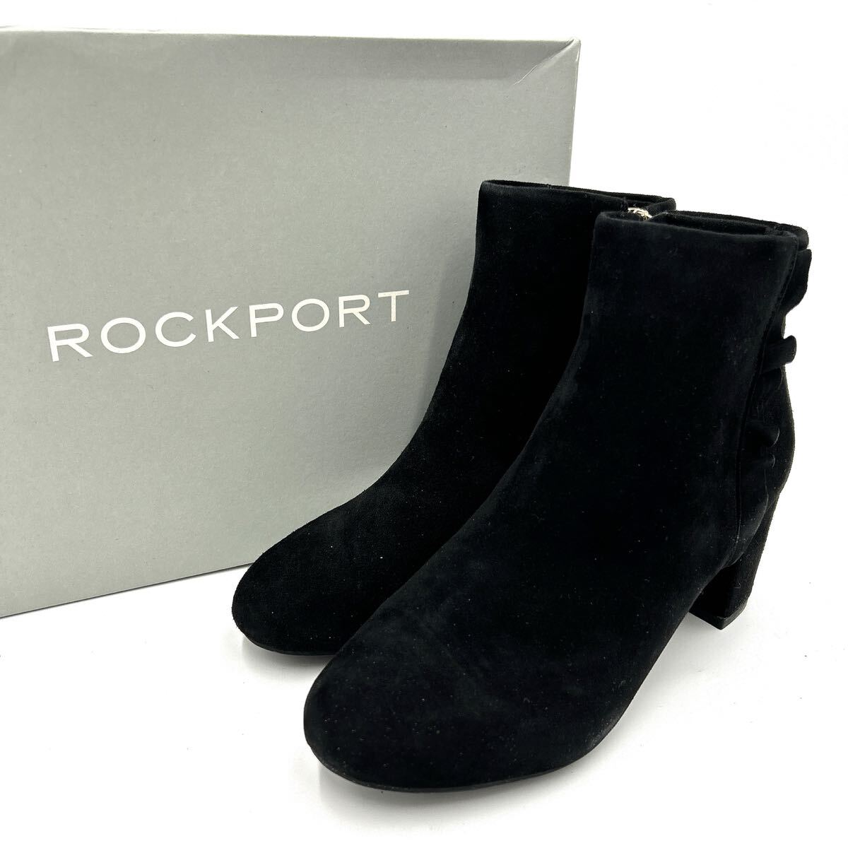■ 良品 / 箱付き '履き心地抜群' ROCKPORT ロックポート SUEDE サイドジップ ショートブーツ / ブーティ 22.5cm レディース 婦人靴 BLACK_画像1