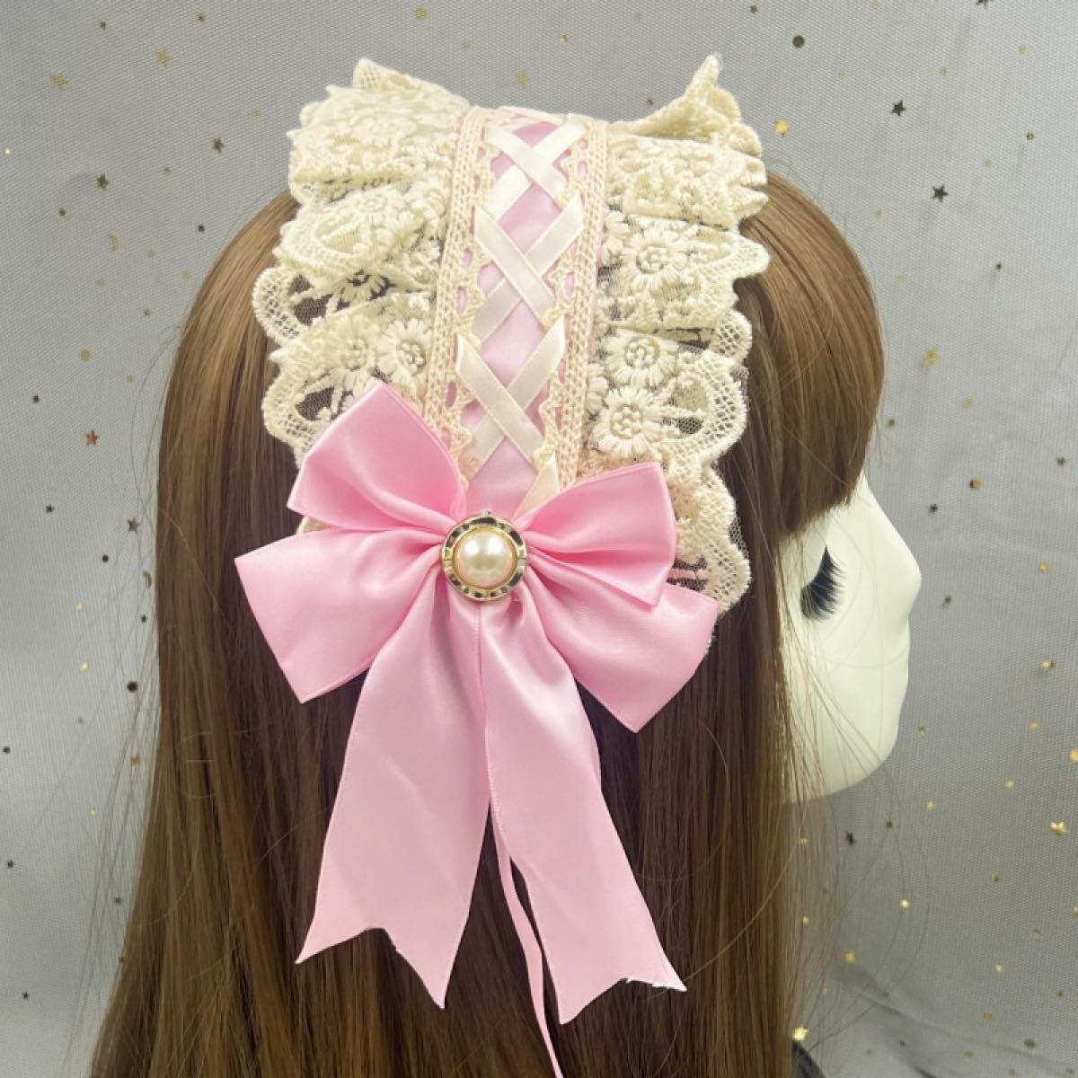 ロリータ　ヘッドドレス　花柄レースリボン 刺繍レースリボン　刺繍　可愛い メイド ゴスロリ ヘッドアクセ リボン　ピンク