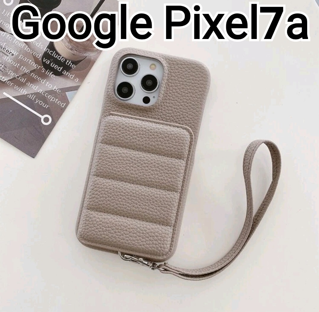 GooglePixel7a ケース ベージュ レザー風 カードケース ストラップの画像1