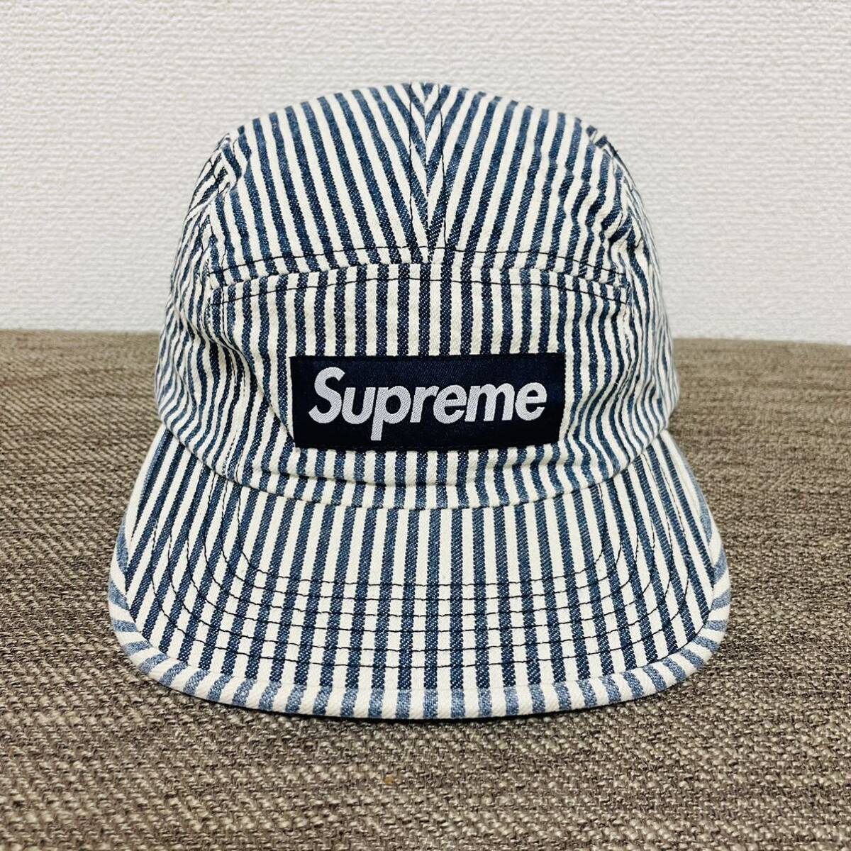 ほぼ新品 Supreme Denim Camp Cap Indigo Stripe Free 18ss 2018年 ストライプインディゴ デニム キャンプ キャップ ボックスロゴの画像1