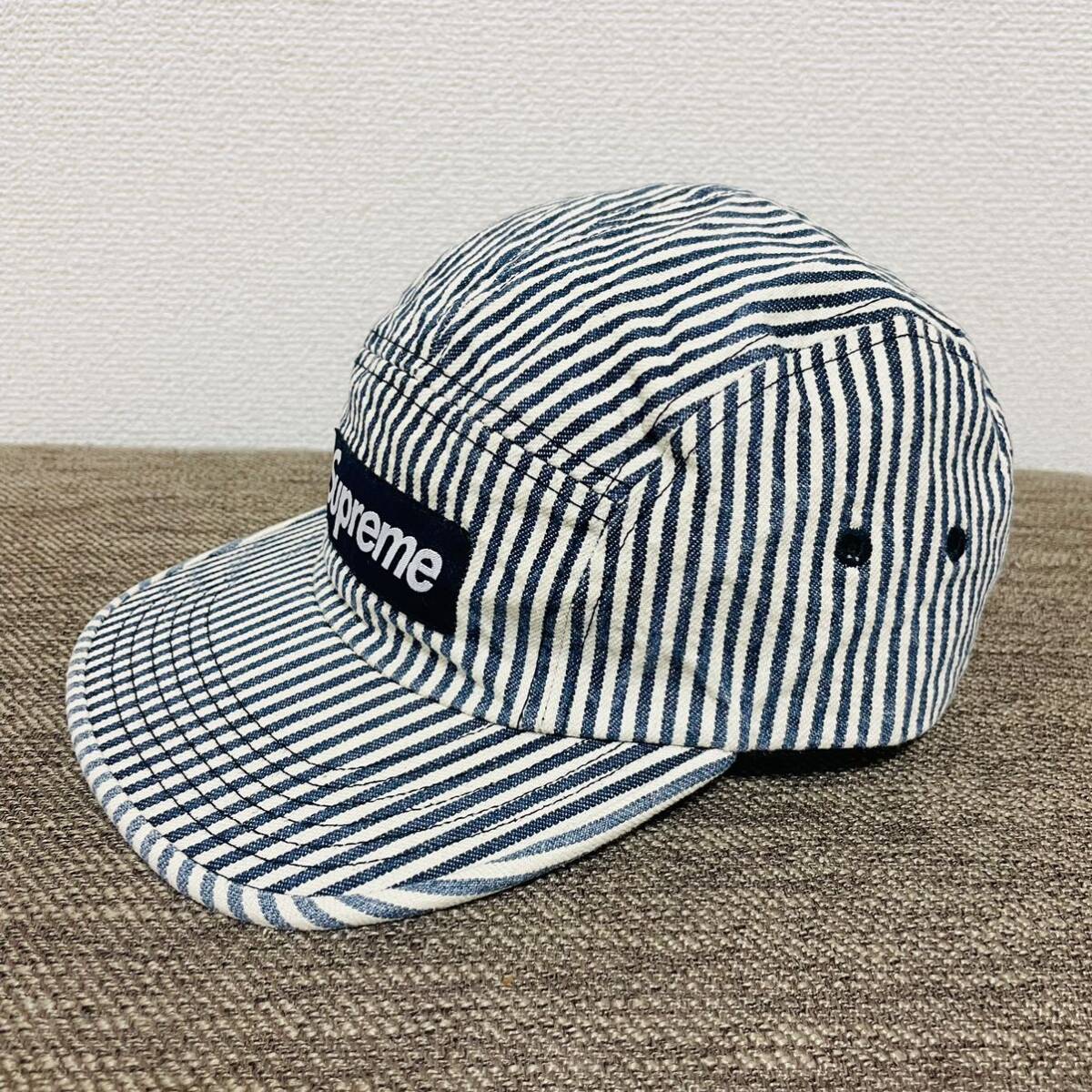 ほぼ新品 Supreme Denim Camp Cap Indigo Stripe Free 18ss 2018年 ストライプインディゴ デニム キャンプ キャップ ボックスロゴの画像2