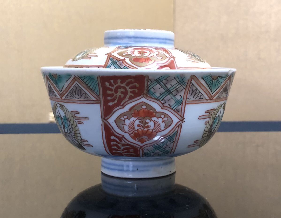 《R》伊万里 染錦 蓋碗4客 蓋物 時代　（240403B5）