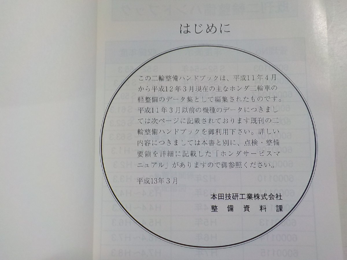 h2264◆HONDA ホンダ 二輪整備ハンドブック 平成11年度版 平成13年3月☆の画像2