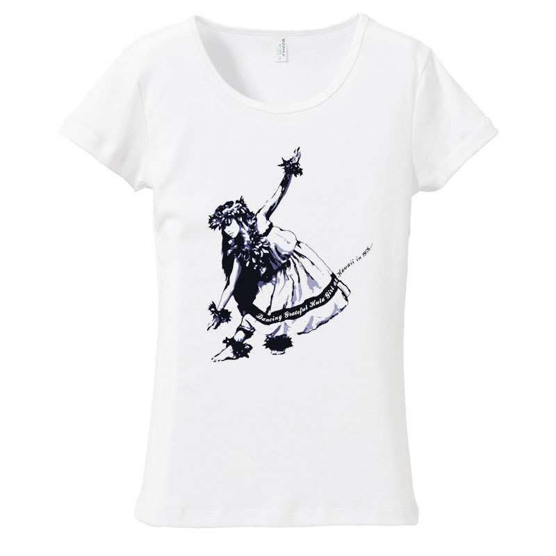 (M)ホワイト【tf093】ダークネイビー絵画風ダンシングフラガール＆ハイビスカス フラダンス メール便発送Tシャツ半袖送料無料ハワイ・フラ_画像1