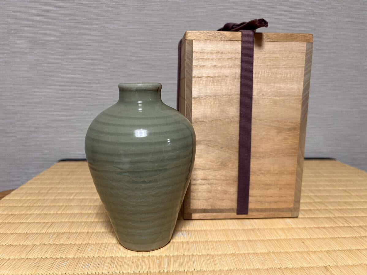 【時代 青磁陶器 】青瓷花入 徳利 花器 酒器 茶道具 骨董品 古玩_画像1