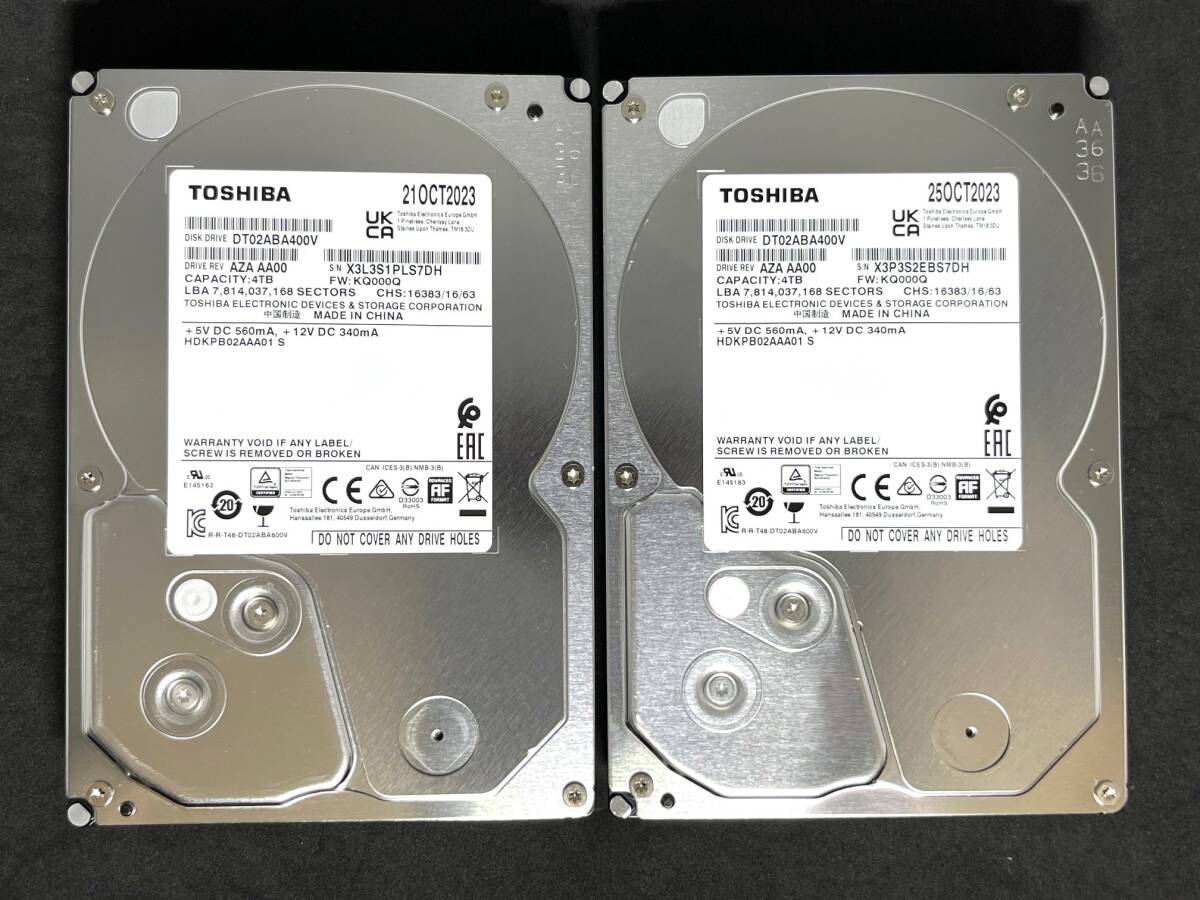 【送料無料】 2個セット ★ 4TB ★　DT02ABA400V　/　TOSHIBA【使用時間：10ｈ＆10ｈ】2023年製 新品同様 3.5インチ内蔵HDD AVコマンド対応_画像1