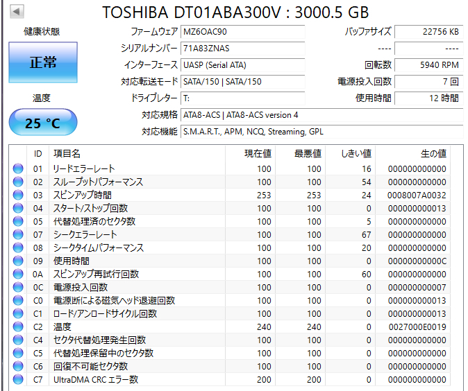【送料無料】 ★ 3TB ★ TOSHIBA / DT01ABA300V 【使用時間： 12 ｈ】 2021年製 新品同様 3.5インチ 内蔵 HDD SATA AVコマンド対応の画像2