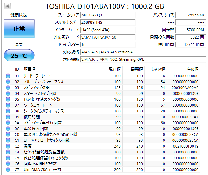 【送料無料】 ★ 1TB ★　TOSHIBA / DT01ABA100V 【使用時間： 12711 ｈ】 良品　3.5インチ内蔵 HDD　SATA　東芝　AVコマンド対応_画像2