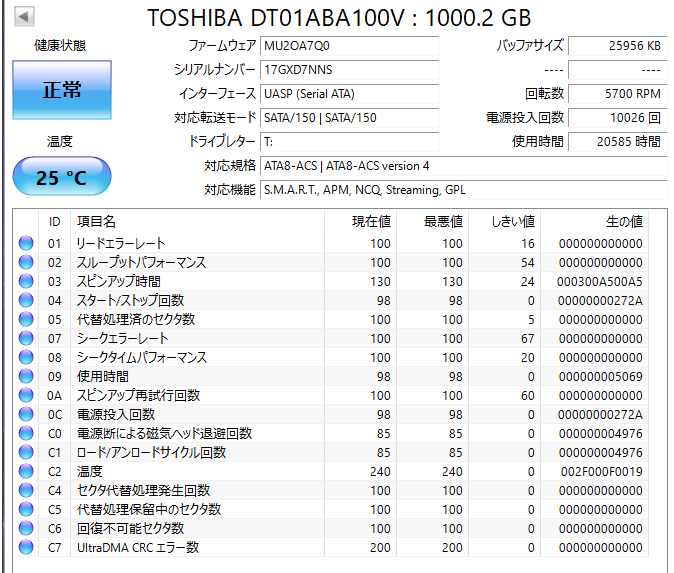 【送料無料】 ★ 1TB ★　TOSHIBA / DT01ABA100V 【使用時間： 20585 ｈ】 良品　3.5インチ内蔵 HDD　SATA　東芝　AVコマンド対応
