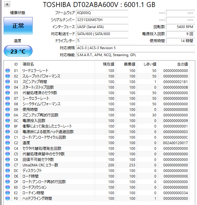 【送料無料】　★ 6TB ★　TOSHIBA / DT02ABA600V　【使用時間： 14 ｈ】　2022年製　新品同様　3.5インチ内蔵HDD　SATA　AVコマンド対応_画像2