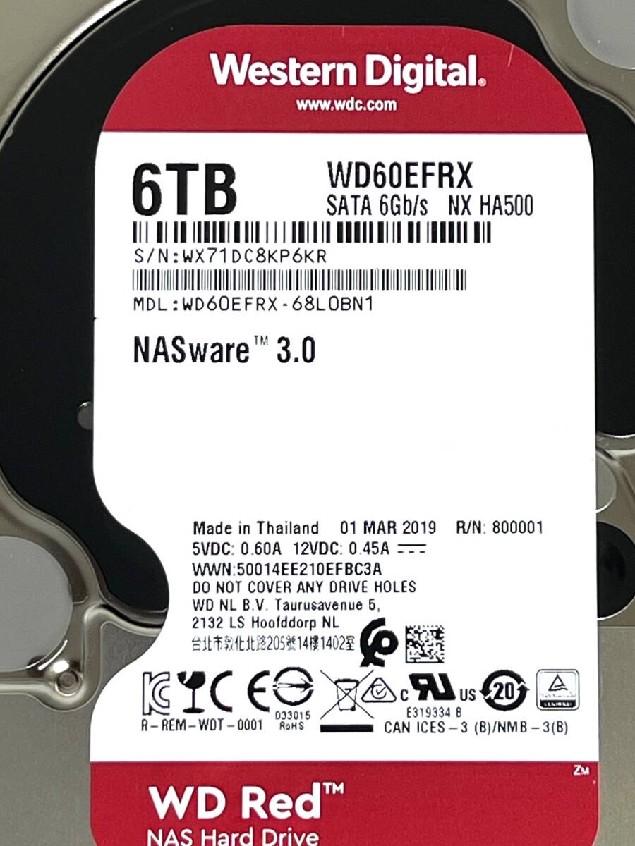 【送料無料】　★ 6TB ★　WD Red　/　WD60EFRX　【使用時間：144ｈ】稼働少　2019年製 Western Digital RED　3.5インチ 内蔵HDD SATA