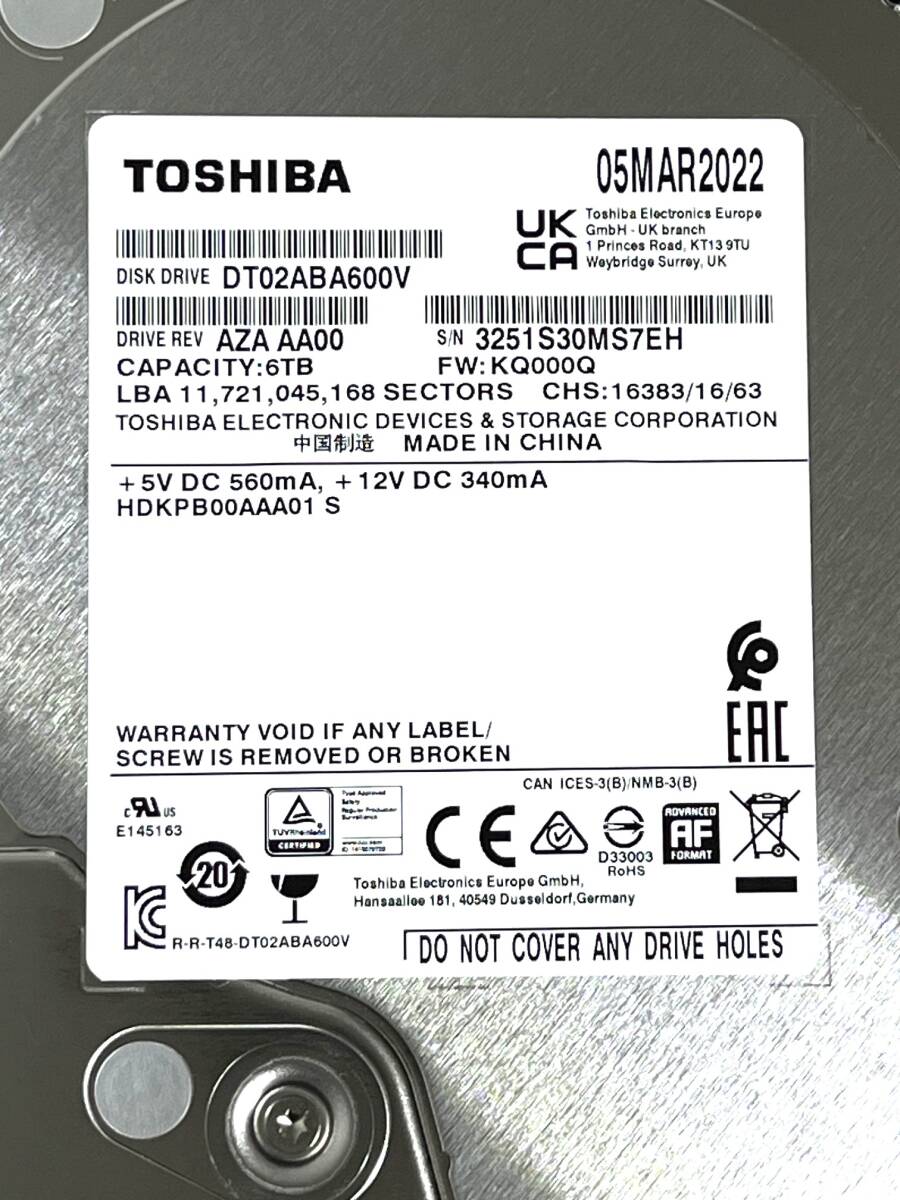 【送料無料】　★ 6TB ★　TOSHIBA / DT02ABA600V　【使用時間： 14 ｈ】　2022年製　新品同様　3.5インチ内蔵HDD　SATA　AVコマンド対応_画像3