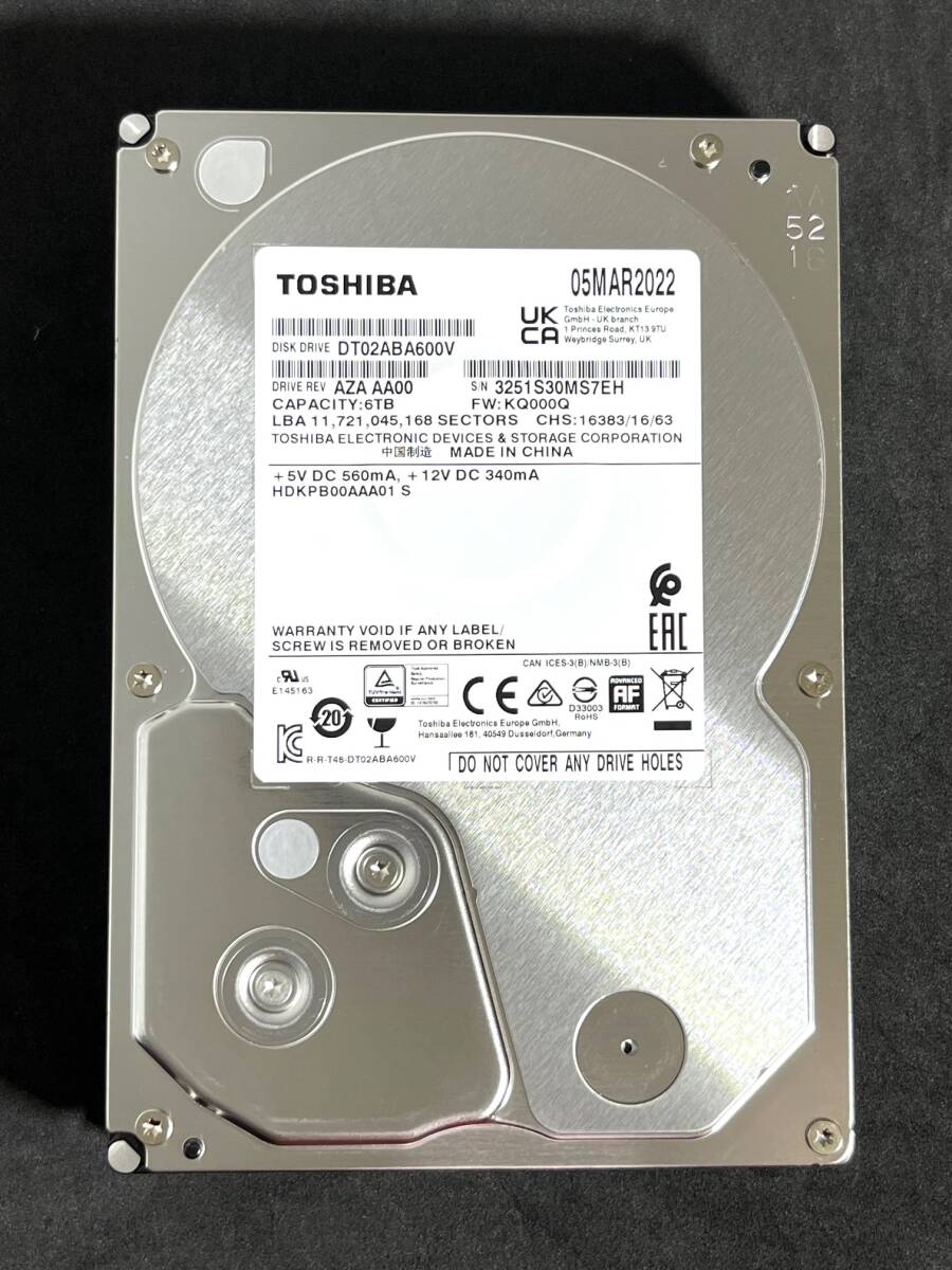 【送料無料】　★ 6TB ★　TOSHIBA / DT02ABA600V　【使用時間： 14 ｈ】　2022年製　新品同様　3.5インチ内蔵HDD　SATA　AVコマンド対応_画像1