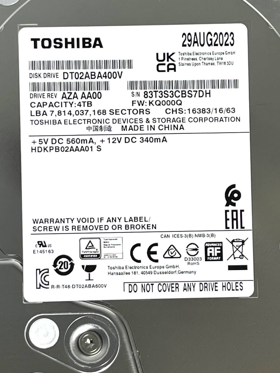 【送料無料】　★ 4TB ★　TOSHIBA / DT02ABA400V　【使用時間： 653 ｈ】　2023年製　良品　3.5インチ内蔵HDD　SATA　AVコマンド対応　_画像3