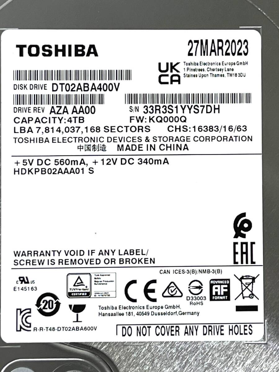 【送料無料】　★ 4TB ★　TOSHIBA / DT02ABA400V　【使用時間： 703 ｈ】　2023年製　良品　3.5インチ内蔵HDD　SATA　AVコマンド対応　_画像3