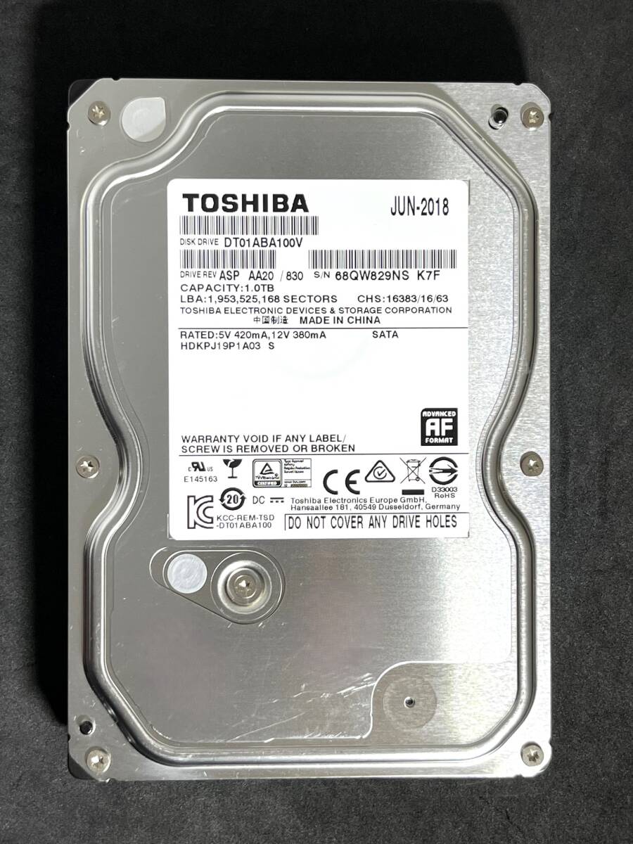 【送料無料】 ★ 1TB ★　TOSHIBA / DT01ABA100V 【使用時間： 31403 ｈ】 良品　3.5インチ内蔵 HDD　SATA　東芝　AVコマンド対応_画像1