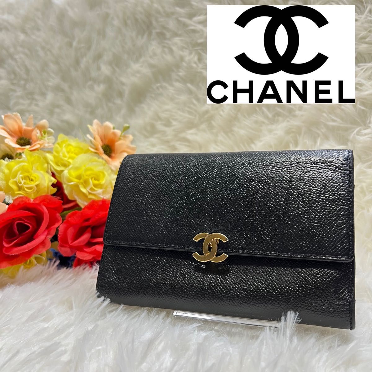 CHANEL シャネル 正規品 キャビアスキン ココマーク レザー ブラック 黒 長財布　三つ折り　レディース　大容量　がま口