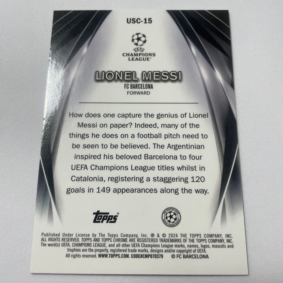 2023-24 Topps UEFA Club Competitions Ultimate Stage Chrome USC-15 Lionel Messi FC Barcelonaの画像2