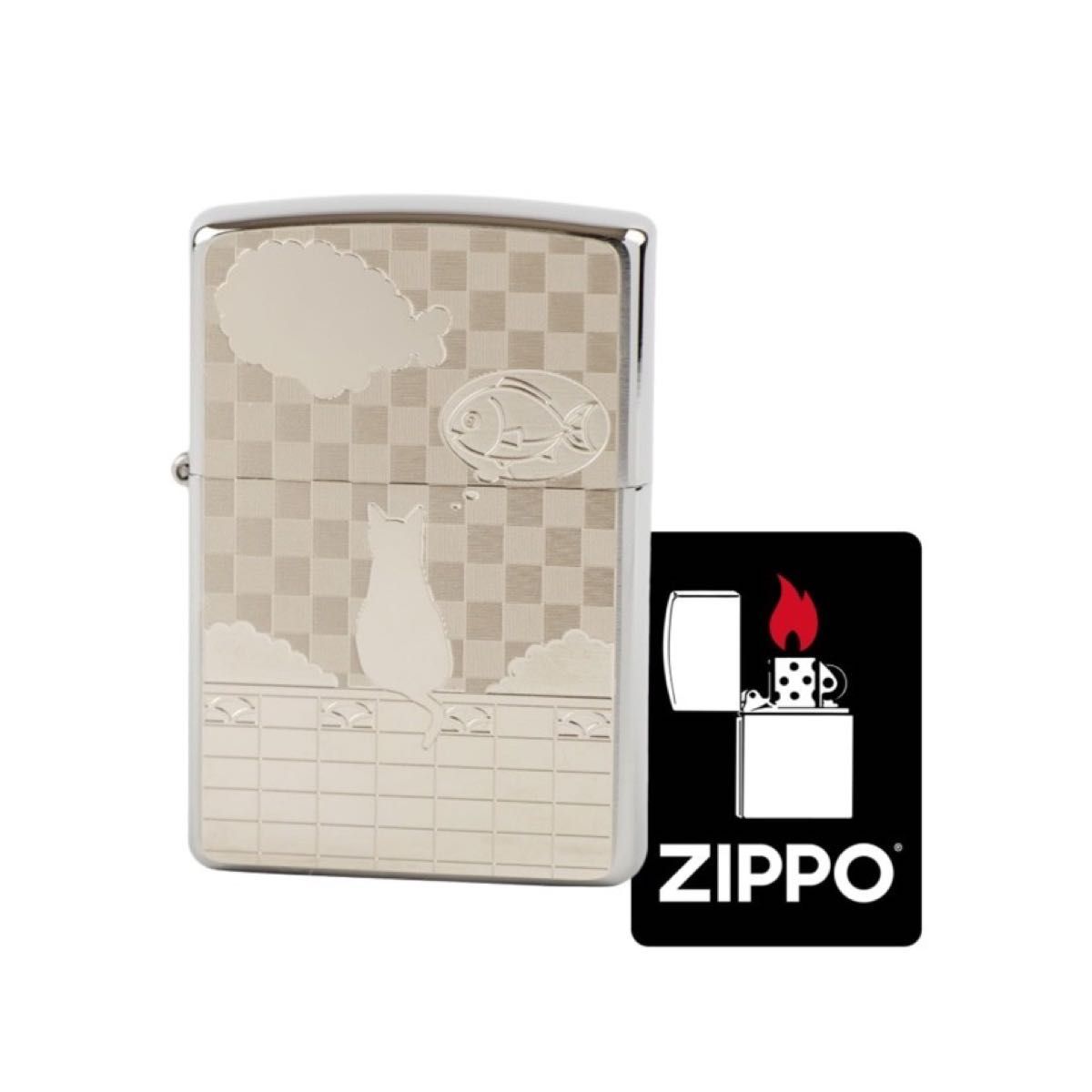 新品未使用　ジッポー　Zippo  ライター 防風 真鍮製 猫 ネコと雲    シルバー　ネコポス発送