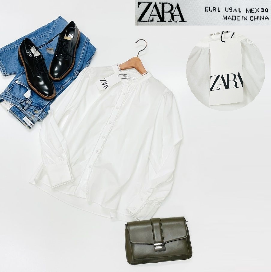 【L】ZARA ホワイト 長袖ブラウス レディース タグ カジュアル トップス 羽織り 通勤 フェミニン 大人可愛い白 フォーマル デイリー ザラ_画像1