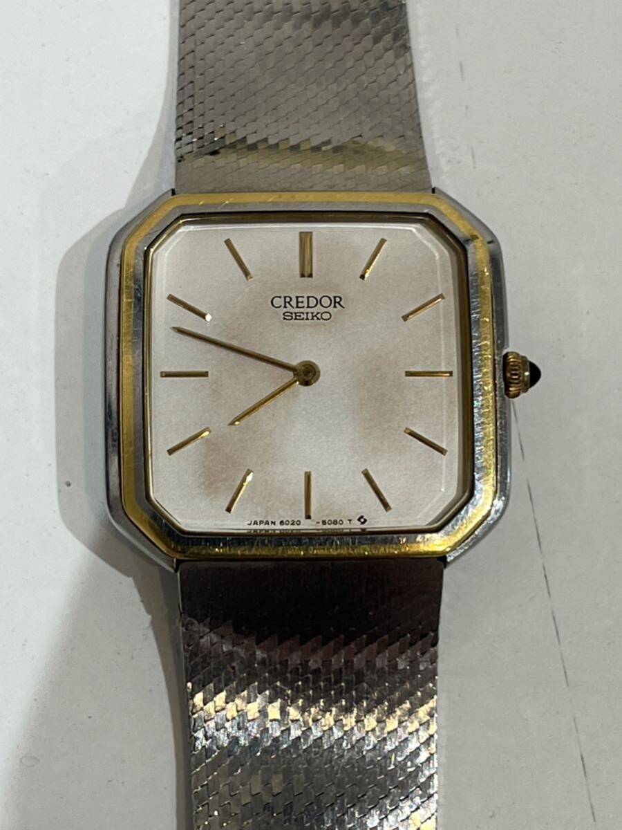 ☆SEIKO セイコー CREDOR クレドール 腕時計 6020-5090 クオーツ スクエア 純正ベルト シルバー文字盤 2針※不動、ジャンク品の画像1