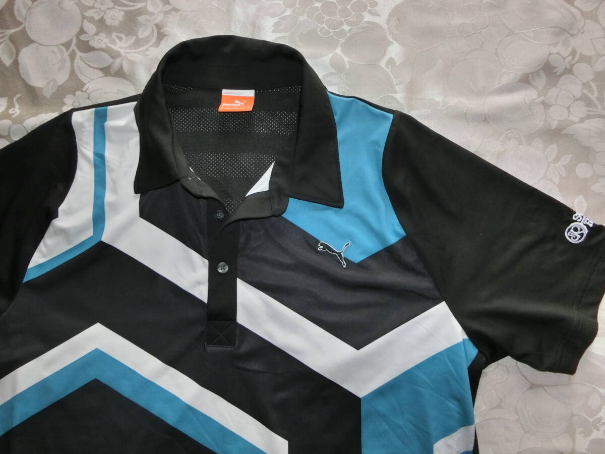新品同様 PUMA GOLF プーマ ゴルフシャツ Hawaii SUNSET RANCH ターコイズ 青色 黒 メッシュ 半袖シャツ ゴルフシャツ LL XLの画像2