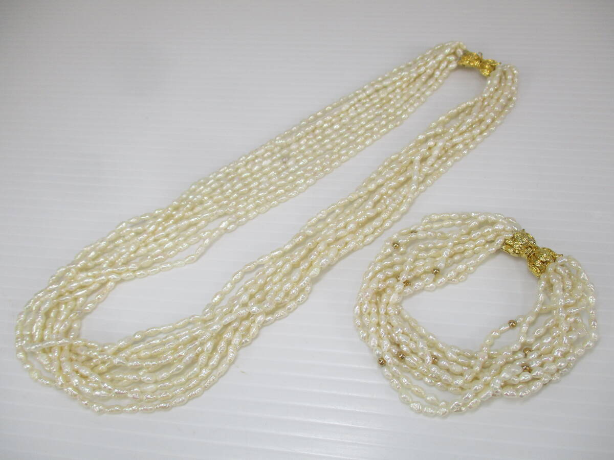 2403035-007 真珠 ケシパール 10連ネックレス 全長約53cm/ブレスレット 全長約20cm 金具 SINGER刻印 計2点の画像1