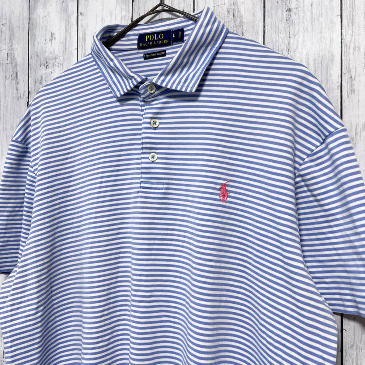 ラルフローレン Ralph Lauren PIMA SOFT TOUCH ボーダー ポロシャツ 半袖シャツ メンズ ワンポイント コットン100% Lサイズ 5‐569