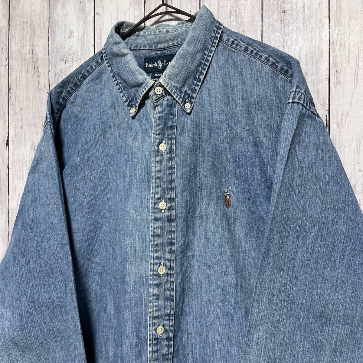 ラルフローレン Ralph Lauren CLASSIC FIT デニムシャツ やや薄手 長袖シャツ メンズ ワンポイント コットン100% XLサイズ 5‐621_画像3