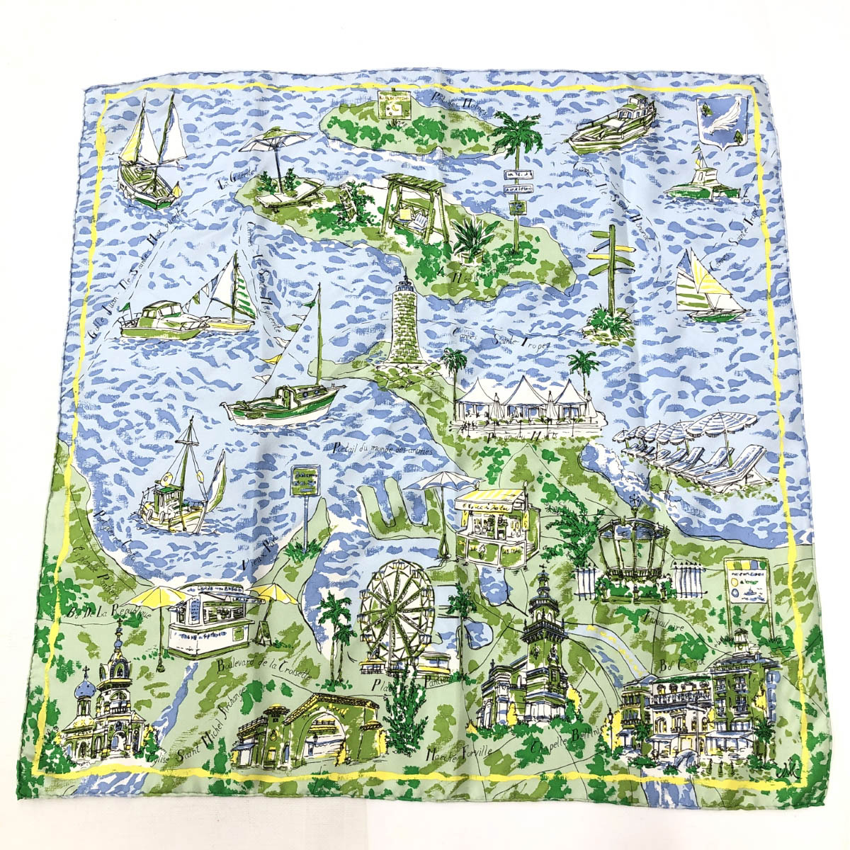 良好◆manipuri マニプリ スカーフ◆ ブルー/グリーン シルク100％ 地図 景色 総柄 レディース スカーフ カレ 絹 服飾小物の画像1
