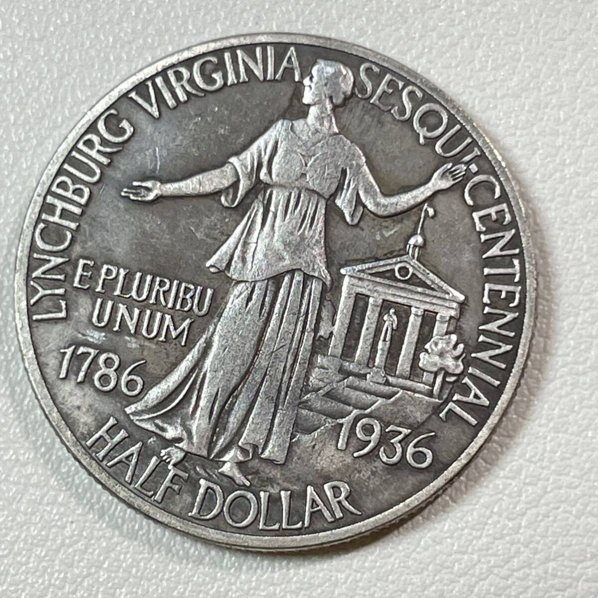 アメリカ 硬貨 古銭 バージニア州 1936年 リンチバーグ市 創立150周年 カーター・グラス上院議員 旧法廷 自由の女神 記念幣 コイン 重13.8gの画像1