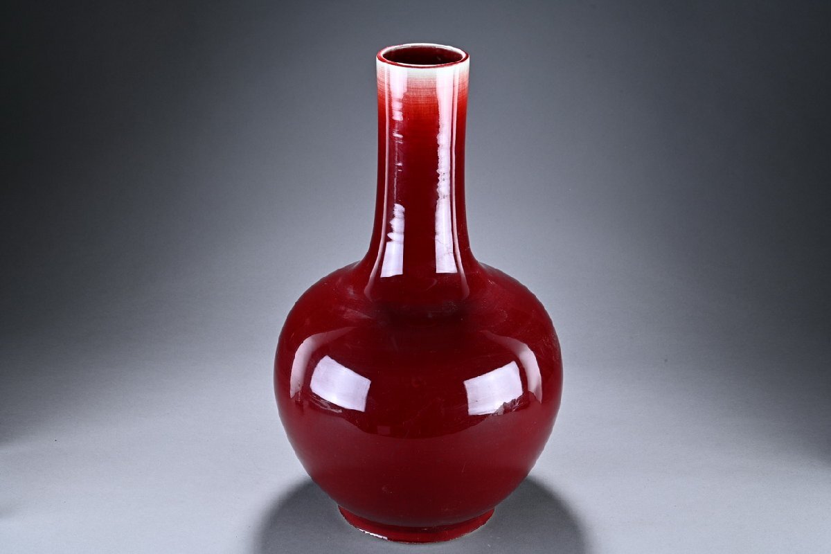 【華】某有名収集家買取品 時代物 中国伝来 単色紅釉 天球瓶 花入り 骨董品 古美術YB23069-OQ_画像2