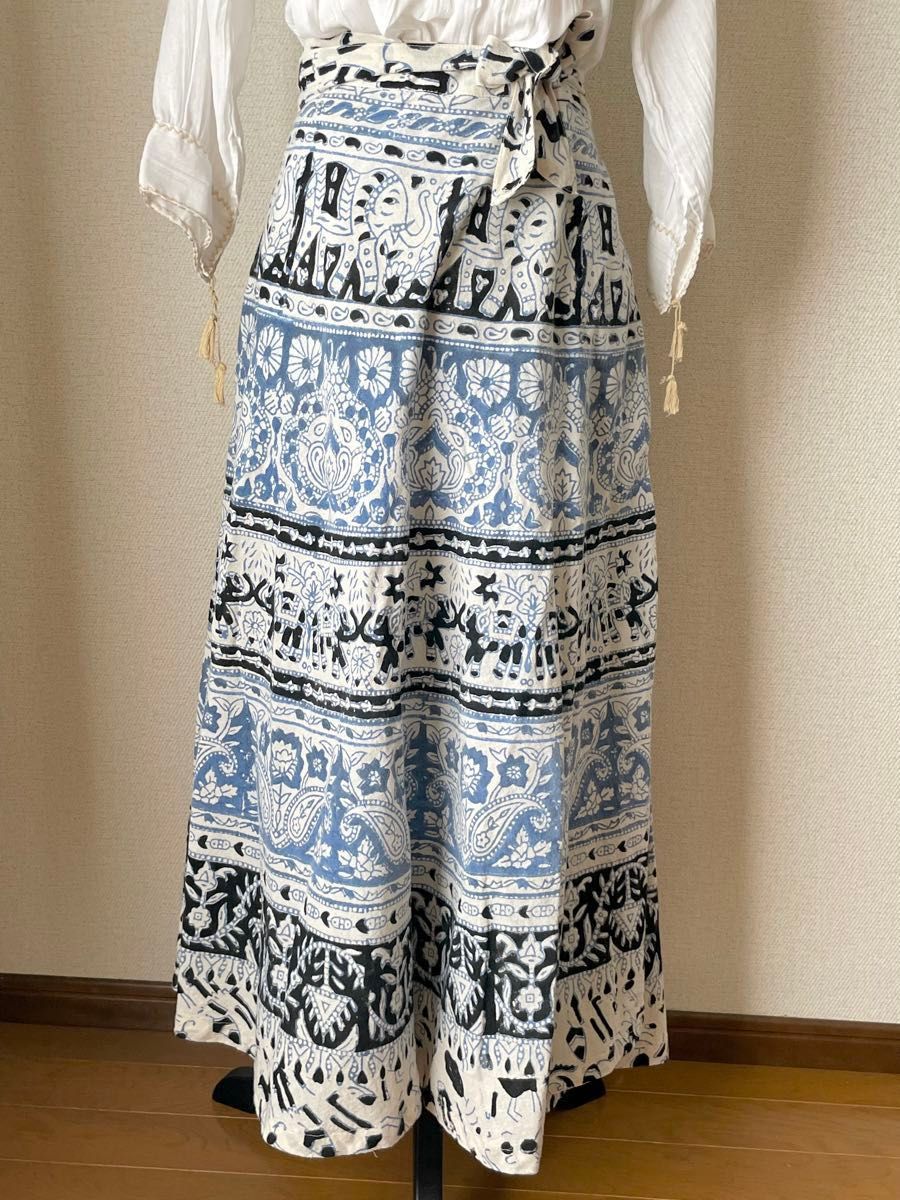 ヴィンテージ インド綿 ブロックプリント 巻きスカート パレオ ロングスカート