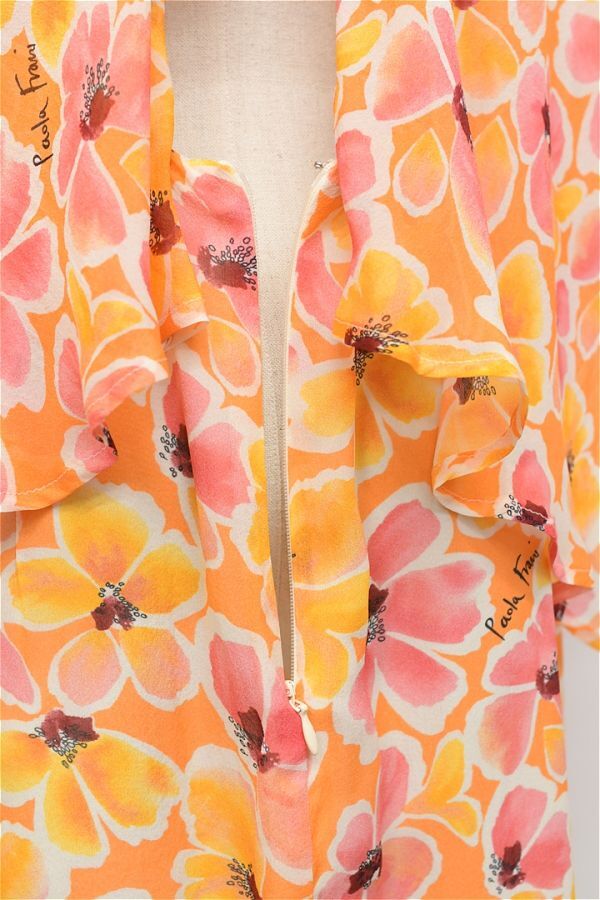 Z067/ beautiful goods PAOLA FRANI knee length one piece dress total pattern floral print back ribbon back open . opening Layered total silk 42 L orange spring summer 