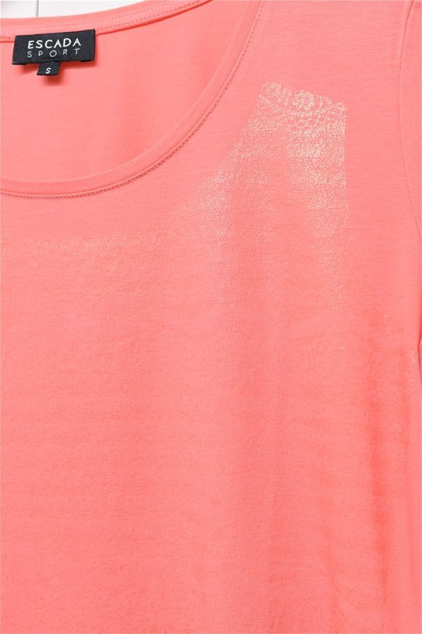 HGC-A332/美品 ESCADA 半袖Tシャツ カットソー ブラウス ロゴプレート ストレッチ コットン S コーラルピンク_画像3