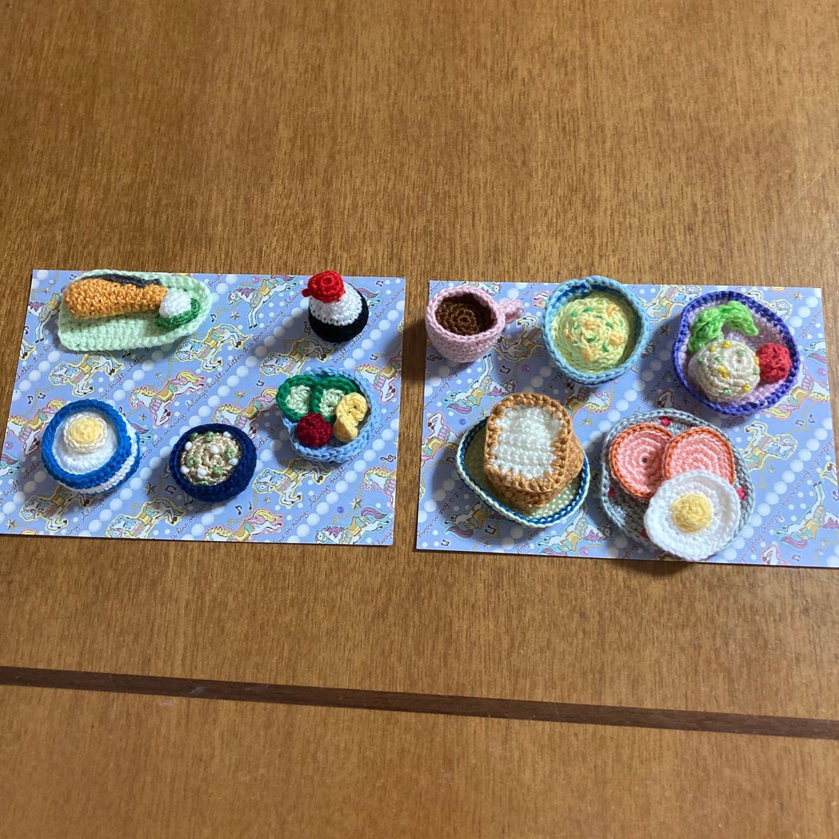 刺しゅう糸で編んだかぎ針編みの美味しい朝食セット　和食セット、洋食セット　手編みのハンドメイド品