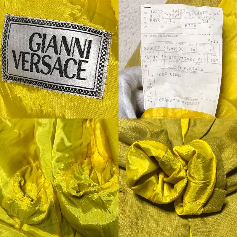 GIANNI VERSACE ジャンニ ヴェルサーチ【人気の大きいサイズ】リネン100％ 麻 テーラードジャケット ブレザー 総裏地 1B イエロー系 XLの画像9