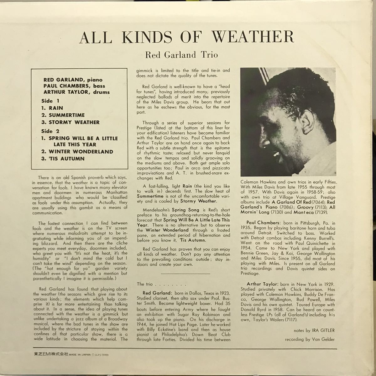 即決 美盤 日本盤 LP Red Garland レッド・ガーランド / All Kinds Of Weather / LPJ-70008 MONO_画像2