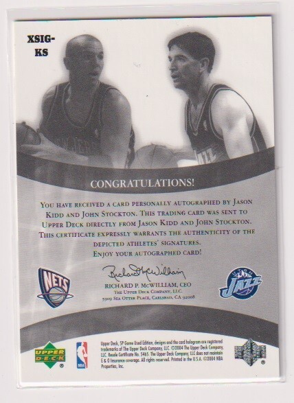 2004-05 Upper Deck SP Game Used Jason Kidd & John Stockton Extra Significance Dual Autograph card #15/25の画像2