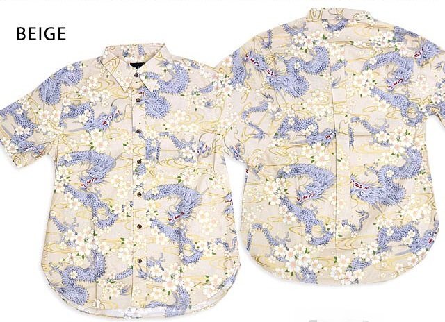 半袖レギュラーシャツ「龍」◆衣櫻 ベージュ LサイズSA-1618 和柄 和風 日本製 国産 総柄 竜 ドラゴン_画像2
