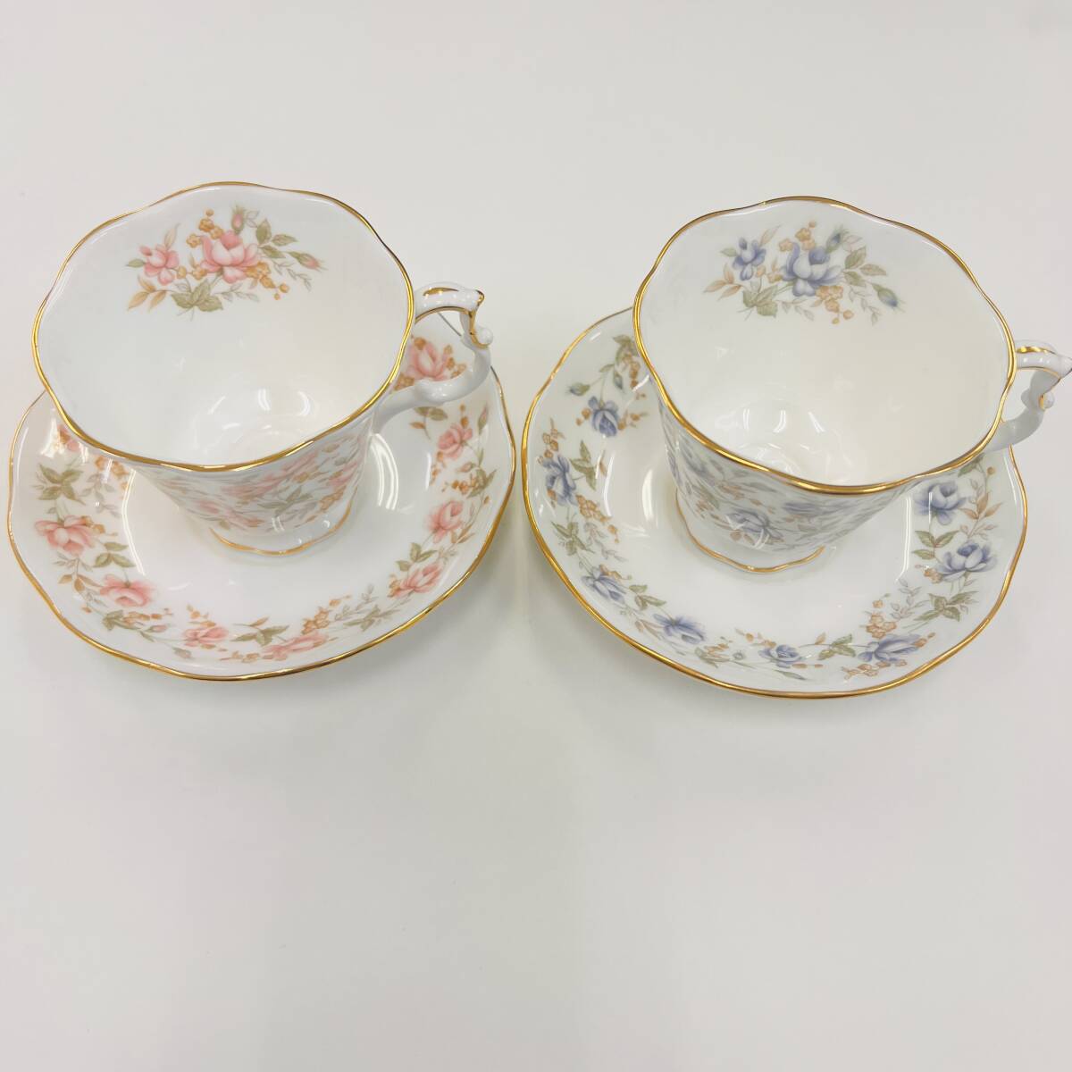 4-00236【ロイヤルアルバート カップ&ソーサー 2客組】ROYAL ALBERT ピンクブロケード ブルー ブランド食器 1円出品 1円スタート ティーの画像1