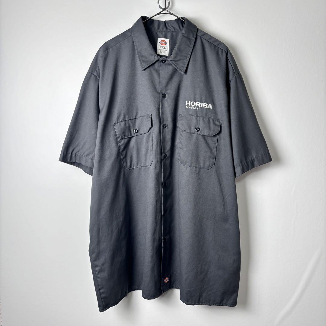 古着 ディッキーズ 企業ロゴ ワンポイント ワークシャツ 半袖 グレー 2XL_画像1