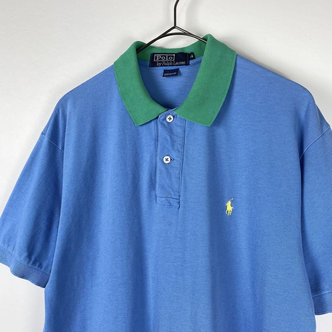 90s USA製 ラルフローレン ポロシャツ クレリック バイカラー ブルー M_画像2