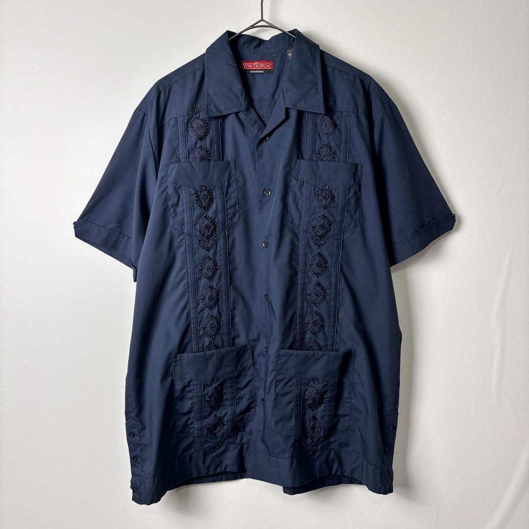 90s 古着 キューバシャツ 開襟 半袖 ライン 刺繍 濃紺 ネイビー 90s 古着 キューバシャツ 開襟 半袖 ライン 刺繍 濃紺 ネイビー