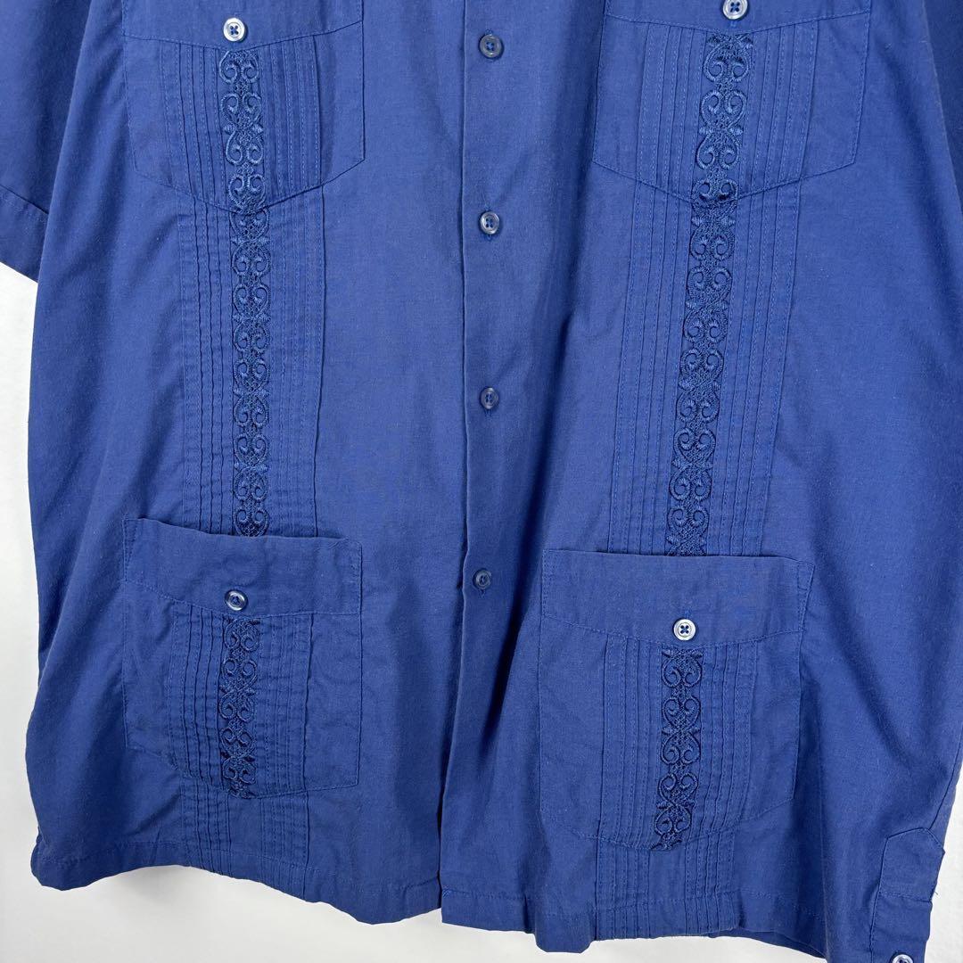 90s 古着 キューバシャツ 半袖シャツ ライン 豪華 刺繍 ブルー M_画像3