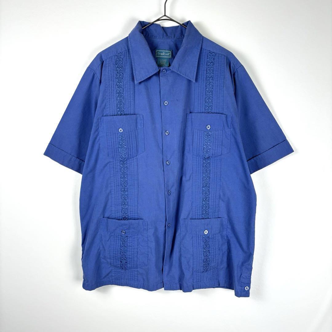 90s 古着 キューバシャツ 半袖シャツ ライン 豪華 刺繍 ブルー M_画像1