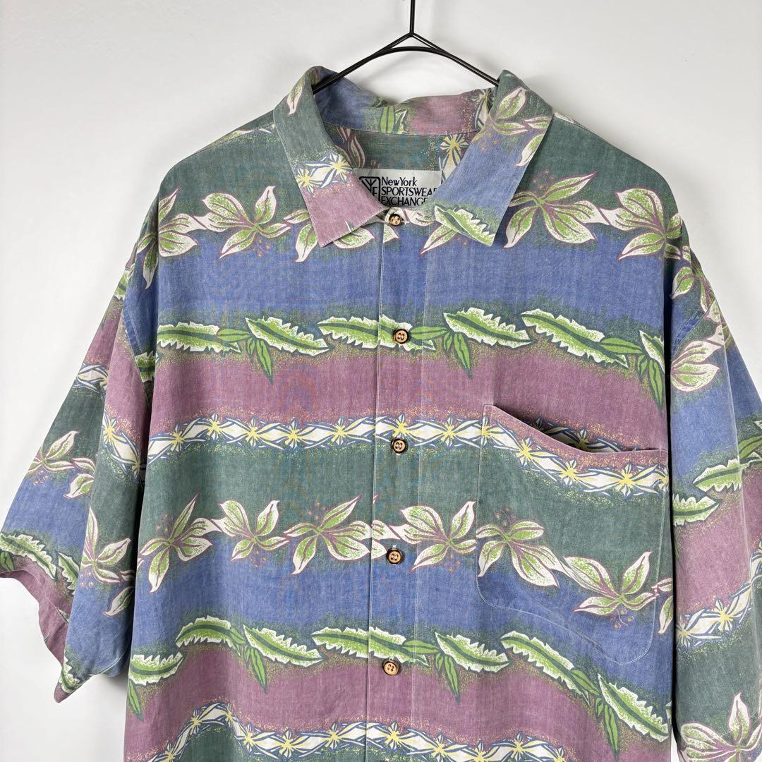 90s USA古着 シルクシャツ 半袖 ボーダー アロハ 葉っぱ 総柄 M_画像2