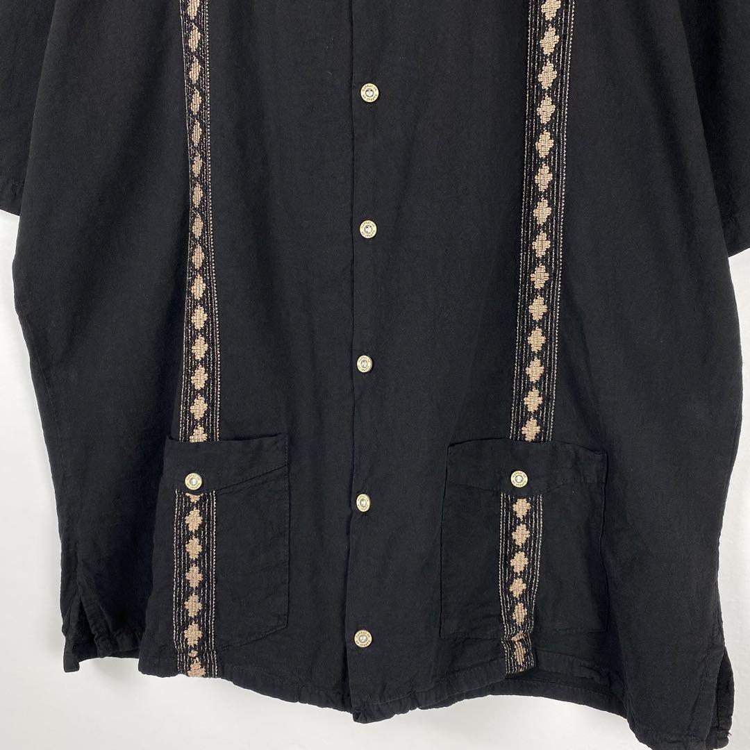 古着 90s キューバシャツ 半袖 開襟 刺繍 ライン 黒 ブラック L_画像3