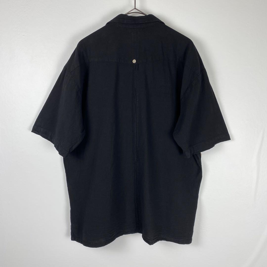 古着 90s キューバシャツ 半袖 開襟 刺繍 ライン 黒 ブラック L_画像8